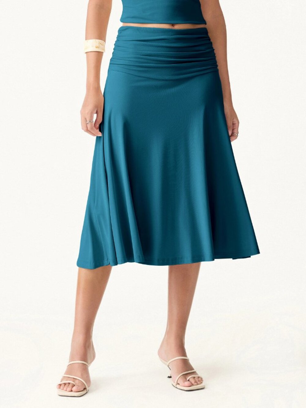 NWT OGL Eco-SkinKiss® Flowy Side Ruched A-line Midi Skirt Marine Blue Small